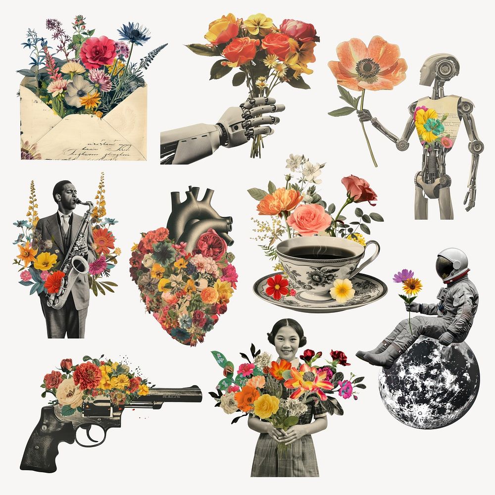 Vintage people flower collage design element set