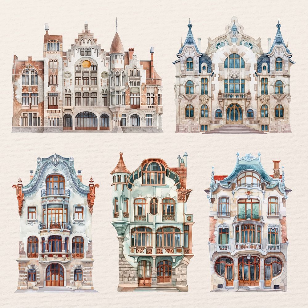 Watercolor art nouveau house design element set