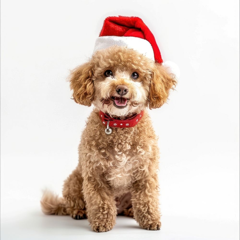 Brown poodle dog wearing a santa hat background animal collar.