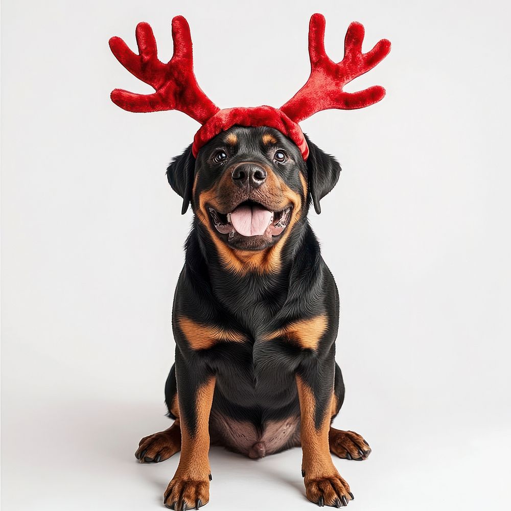 Rottweiler dog dog wearing a red deer antlers headband on head christmas costume cute.