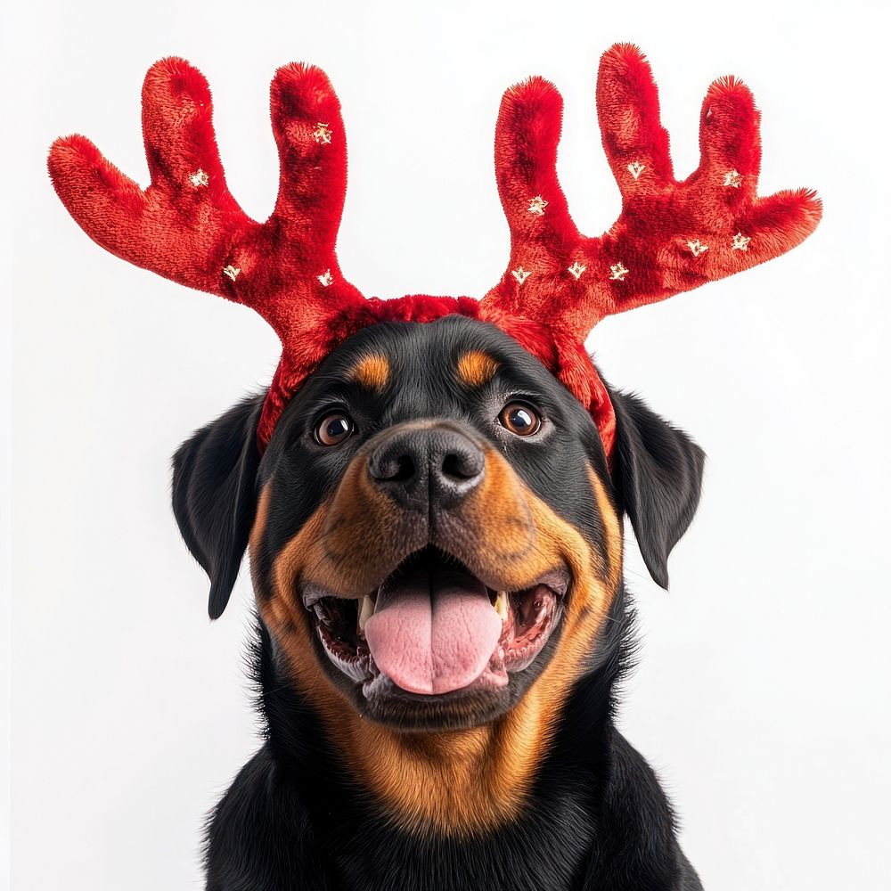 Rottweiler dog dog wearing a red deer antlers headband on head christmas costume happy.