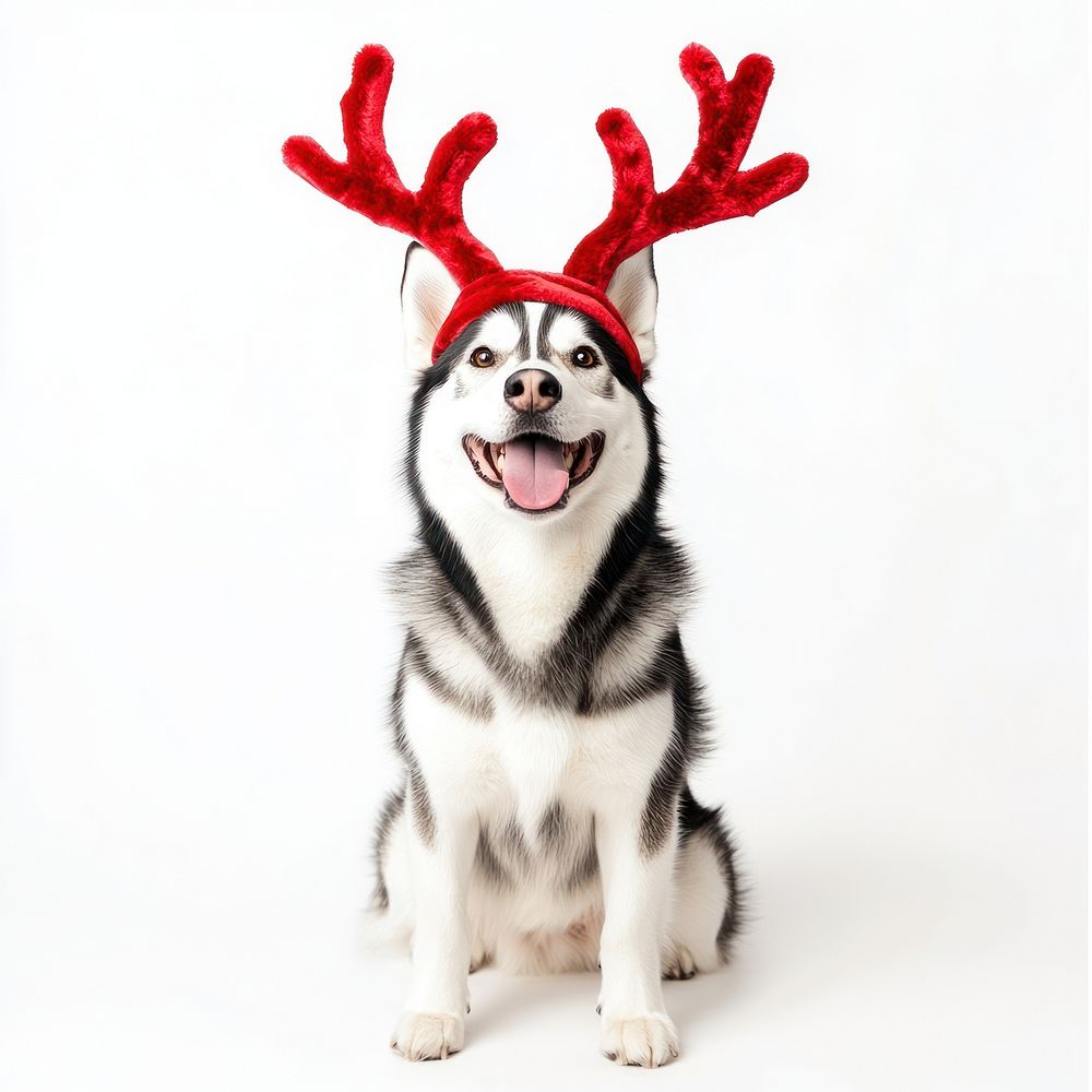 Siberian husky dog dog wearing a red deer antlers headband on head christmas costume happy.