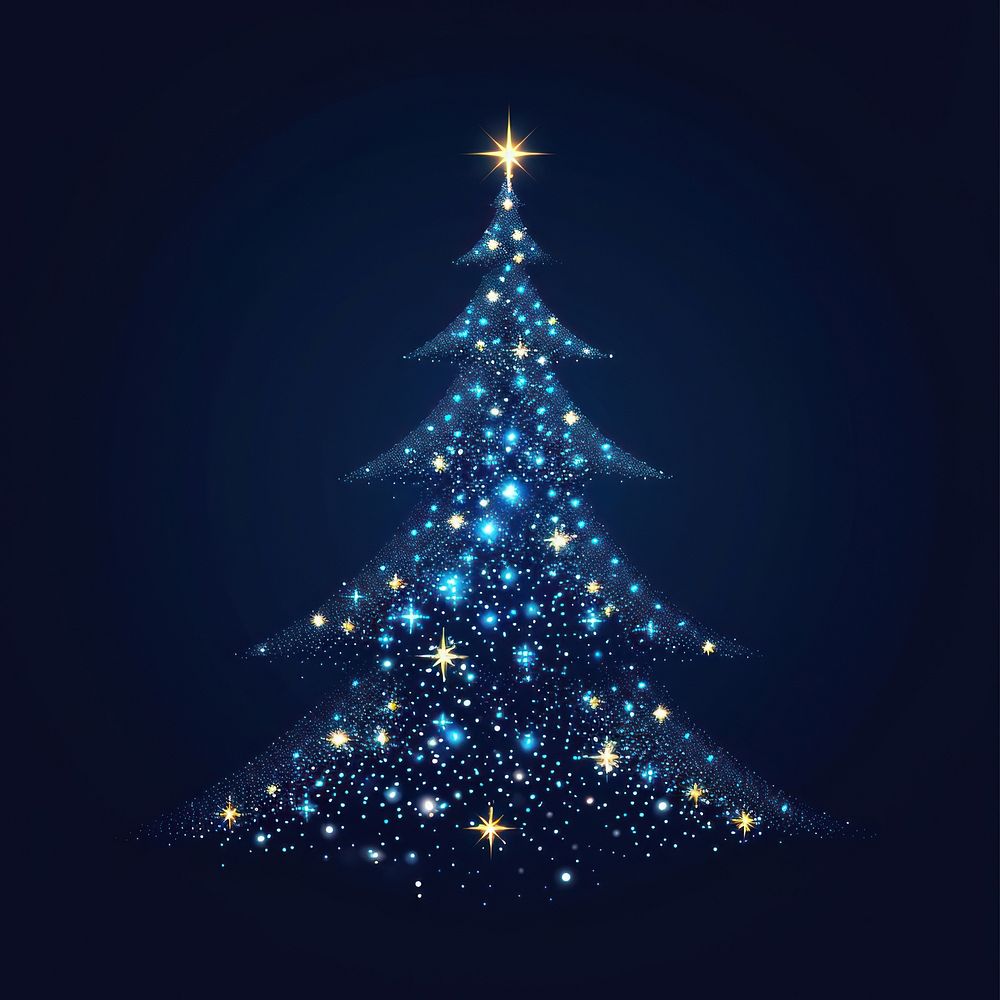 Starry christmas tree illustration glowing night.