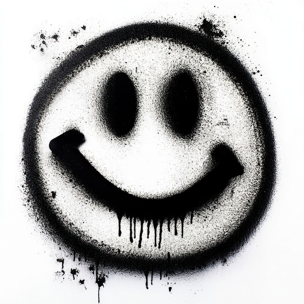 Smiling face emoticon graffiti black white spray.