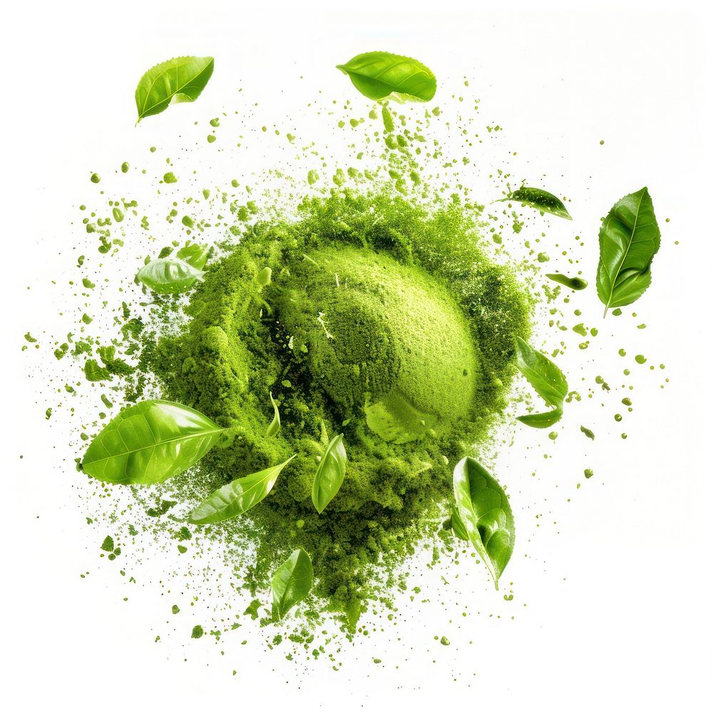 Exploding green tea powder herbal leaves.