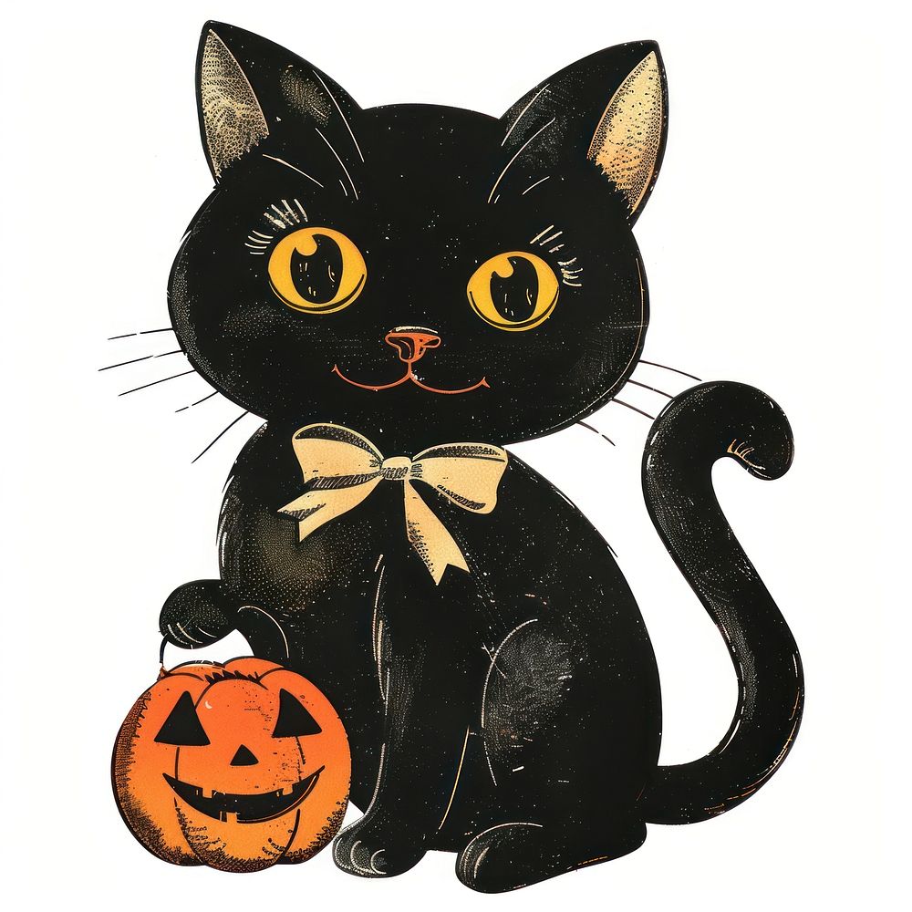 Halloween black cat wearing halloween costume toy vintage retro style.