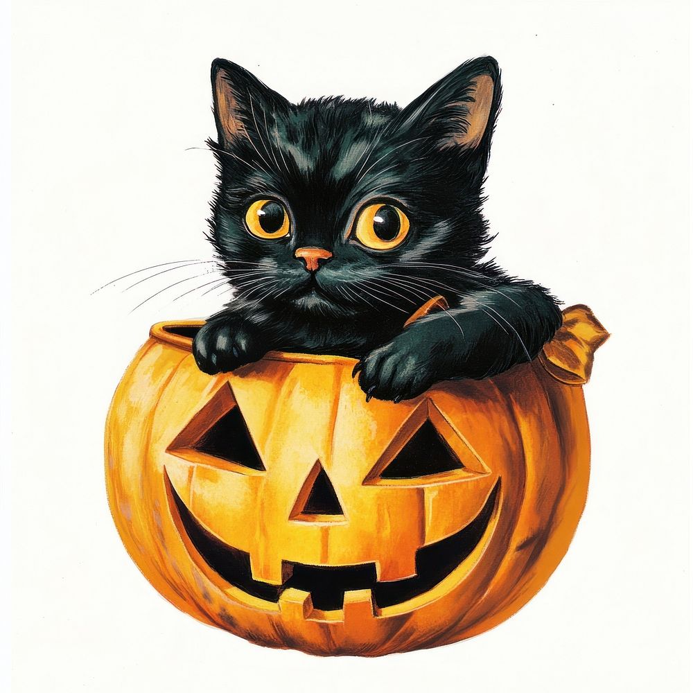 Halloween cat inside carved pumpkin halloween cute jack-o'-lantern.