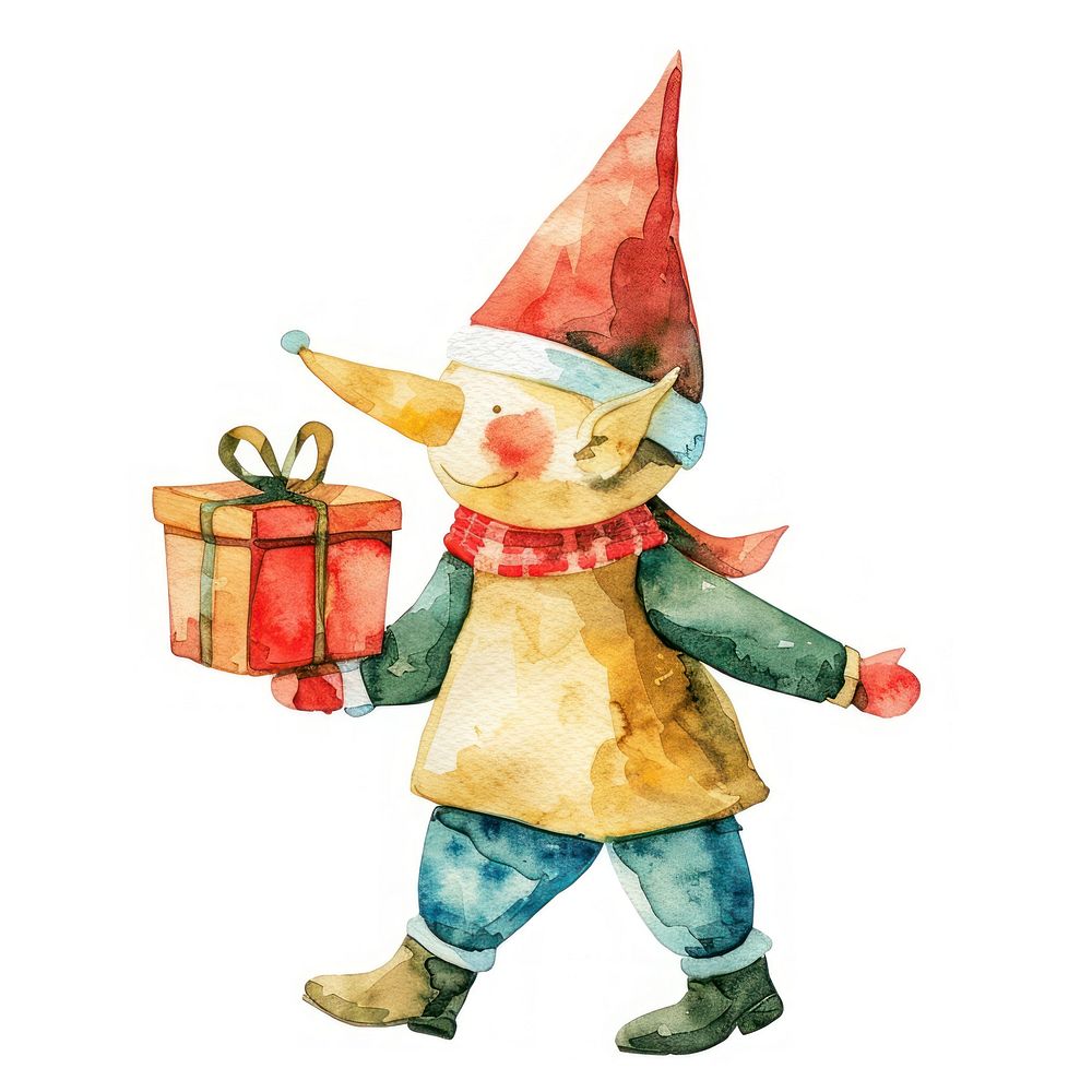 A Christmas knome carry a present illustration watercolor christmas.