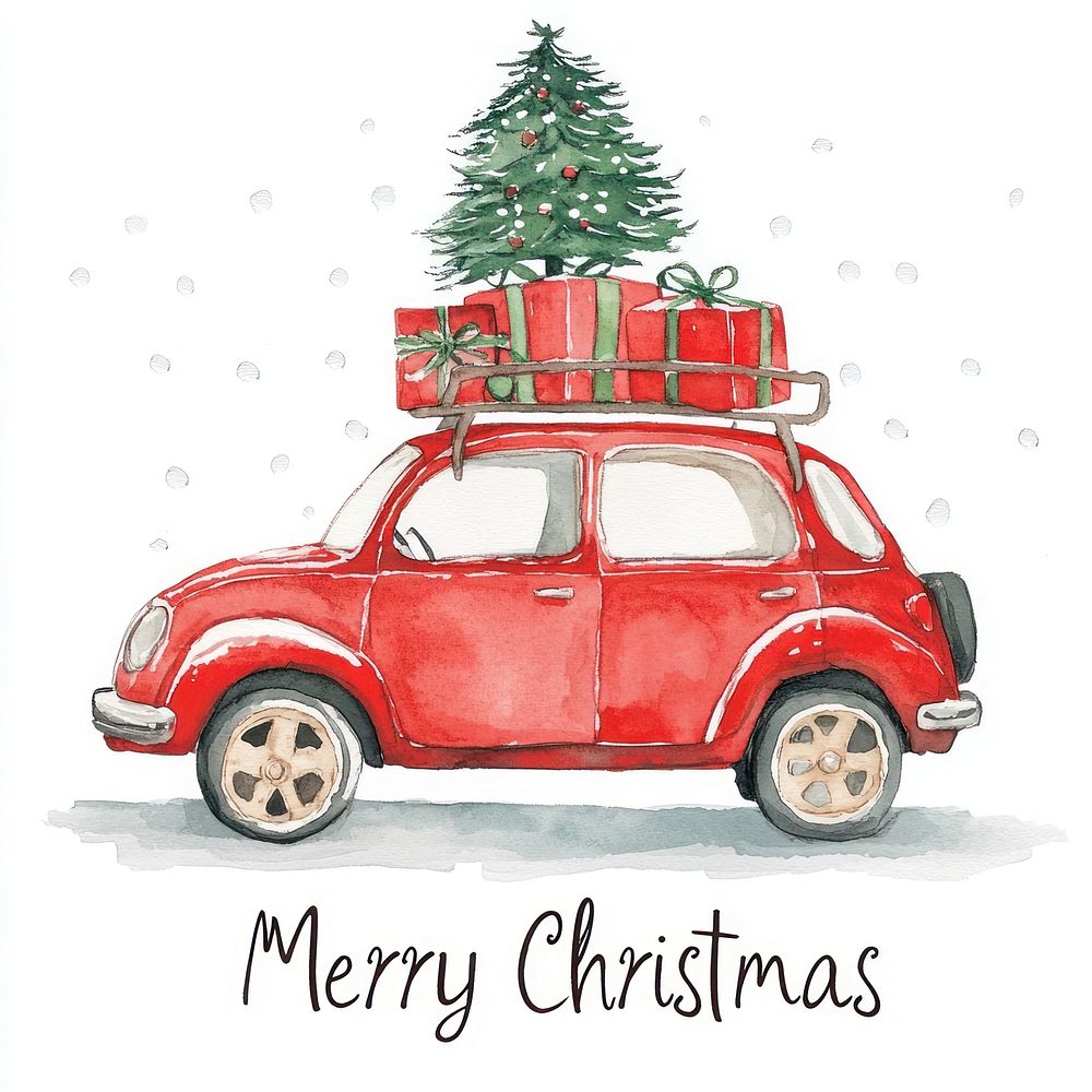 Cute red Christmas car with presents and a tree on top of it christmas watercolor art.