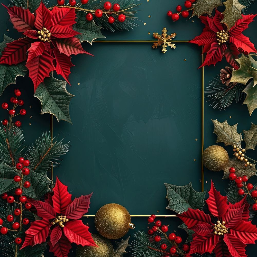 Christmas-themed background with a golden square border christmas festival produce.