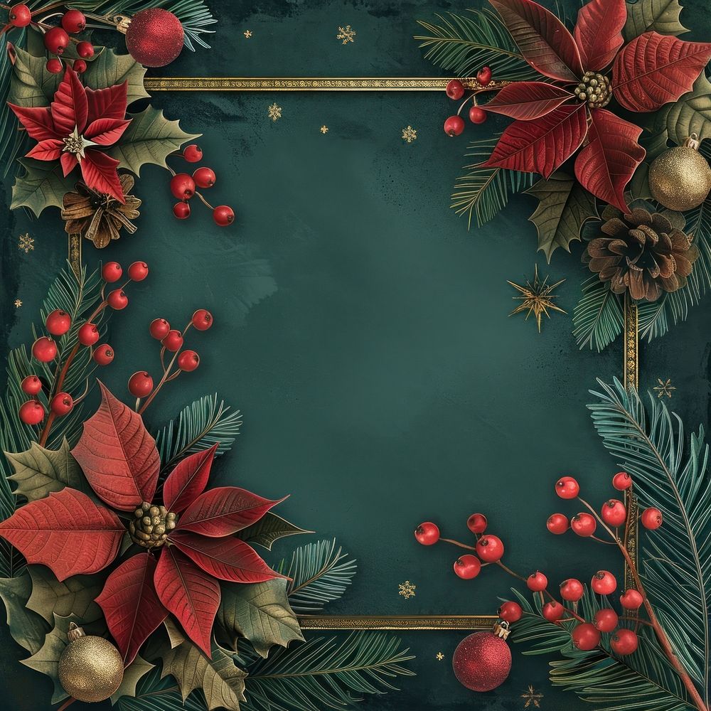 Christmas-themed background with a golden square border christmas festival art.