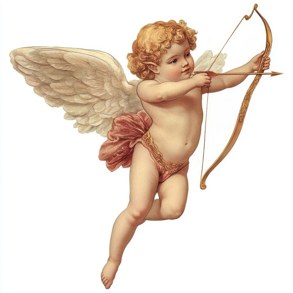 Cupid with bow and arrow flying cupid illustration vintage.