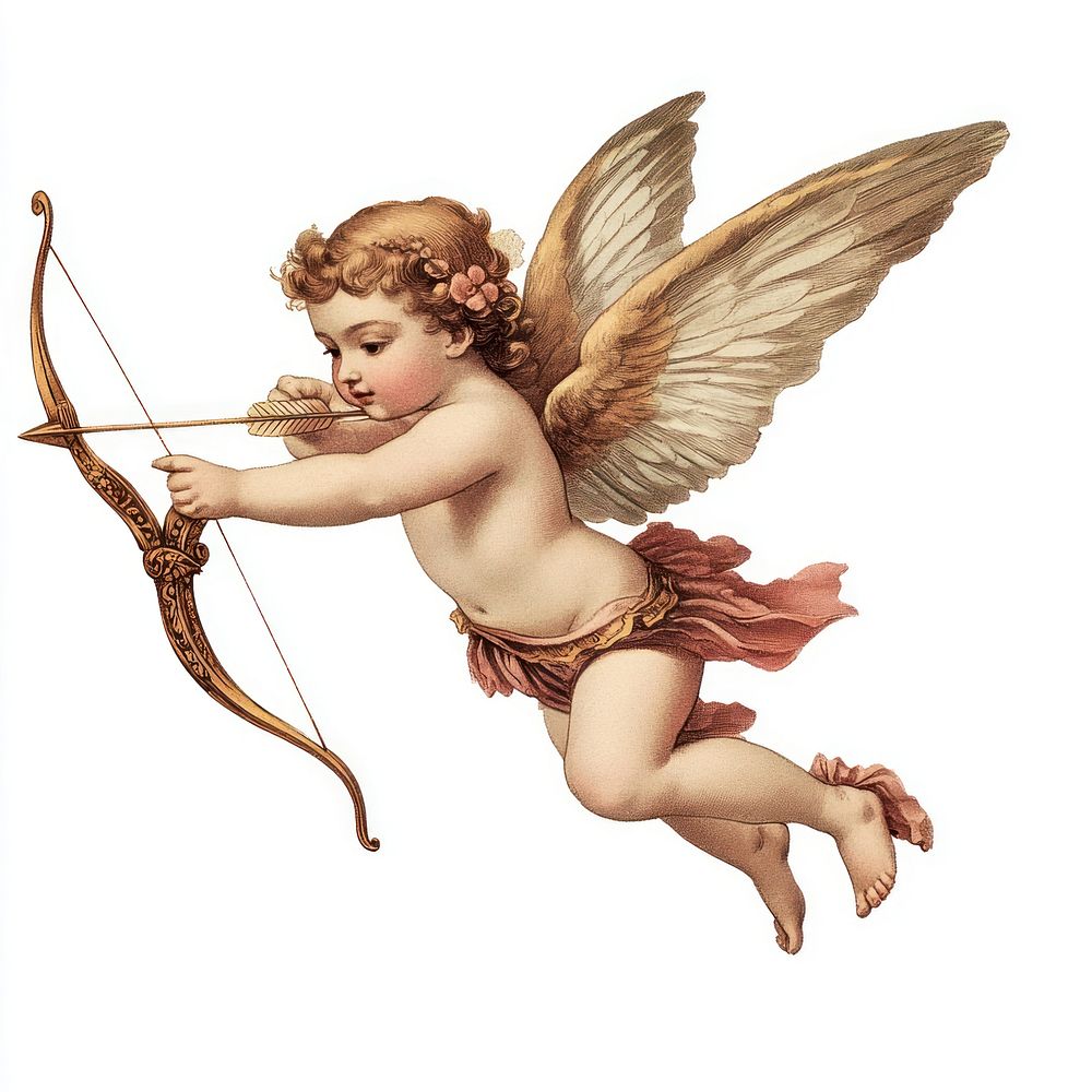 Cupid with bow and arrow flying cupid illustration vintage.