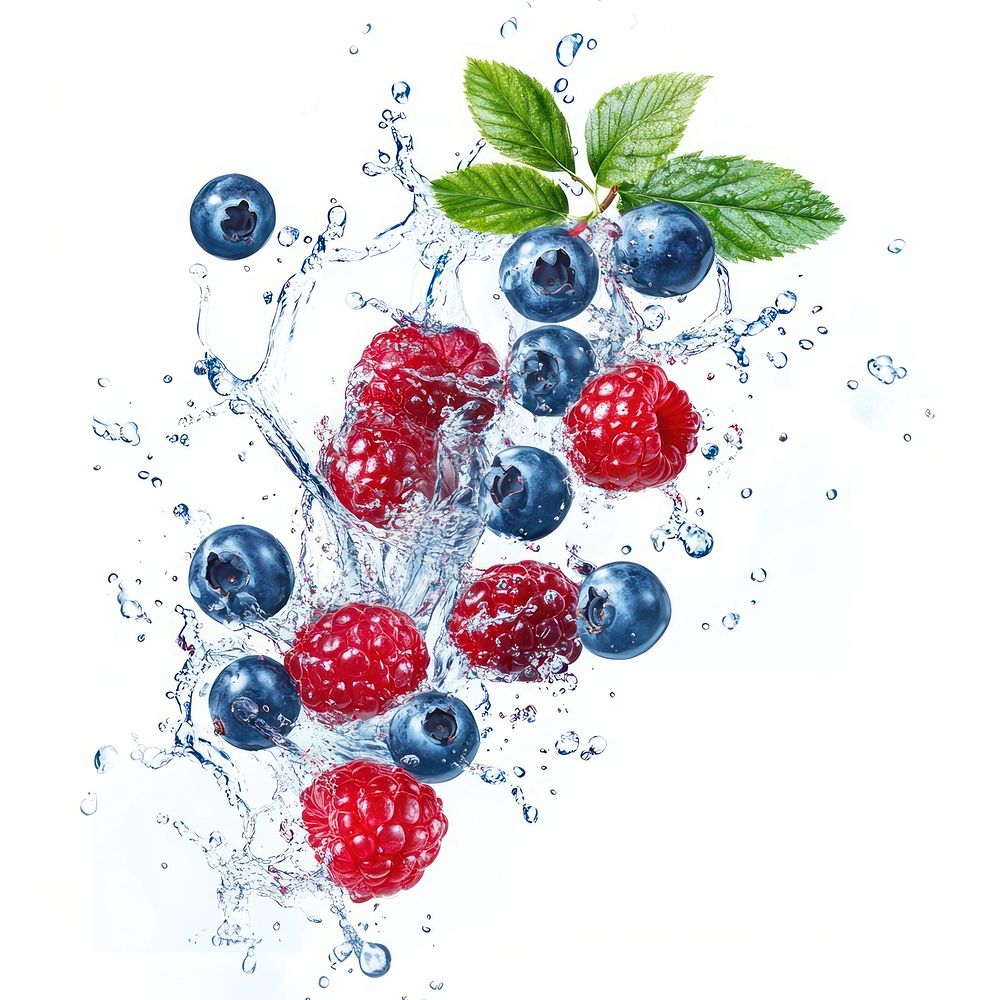 Berries flying in the air with water splash berry blueberries raspberries.