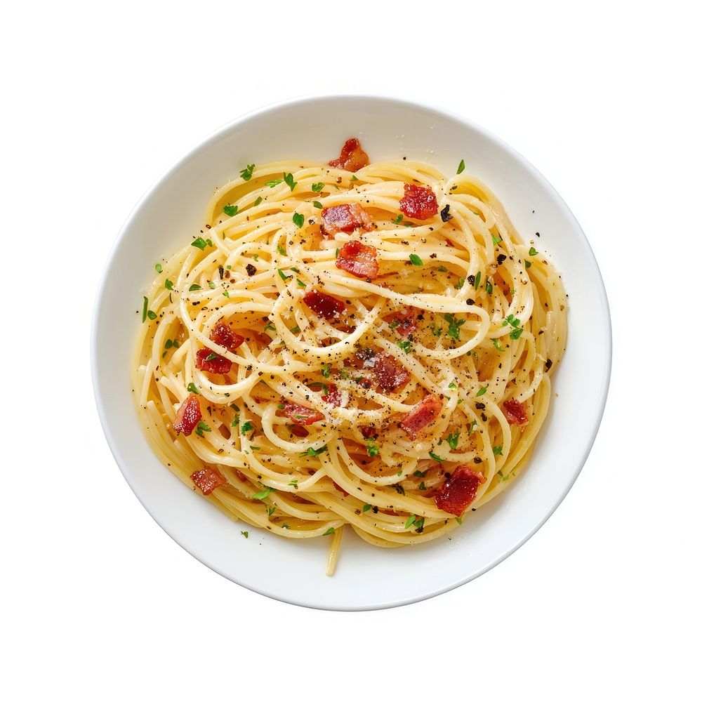 A bacon pasta on a white dish food spaghetti plate.