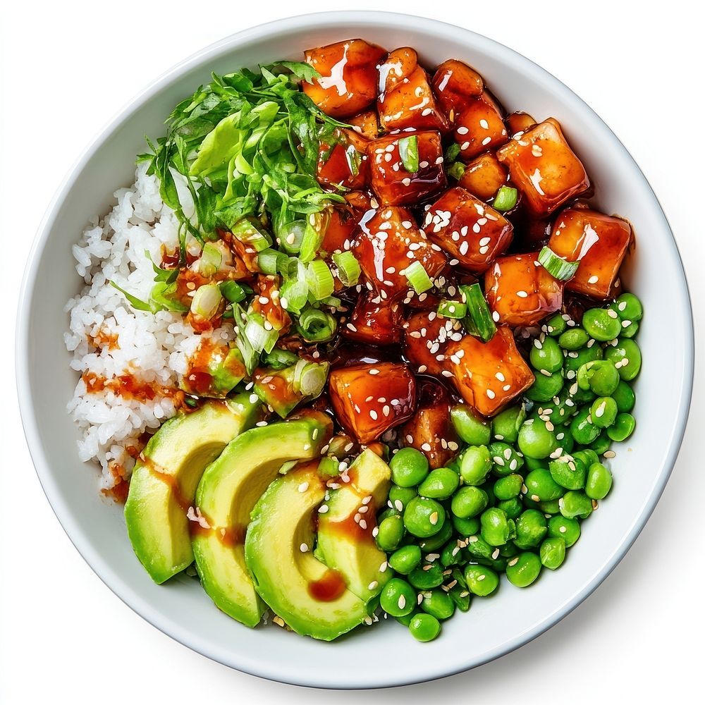 A poke bowl with slice avocado on a white bowl food sesame slices.