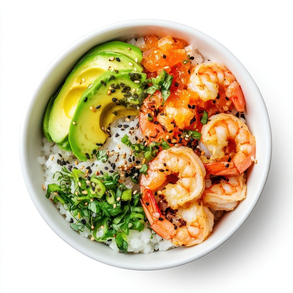 A shrimp poke bowl with slice avocado on a white bowl food seafood slices.