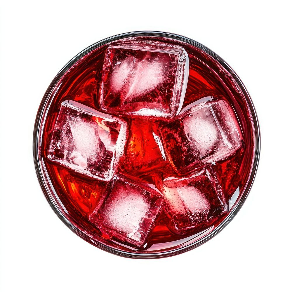 A glass of red drink whiskey and ice beverage view top.