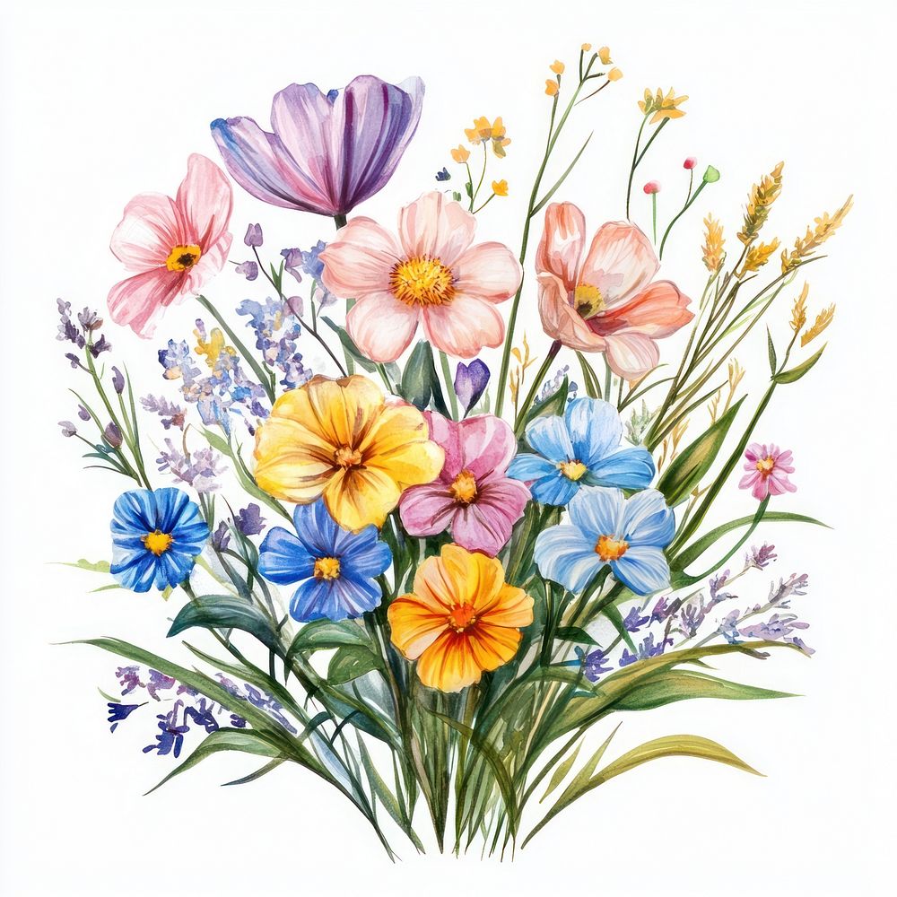 Small bouquet of colorful flowers in grass art illustration watercolor.