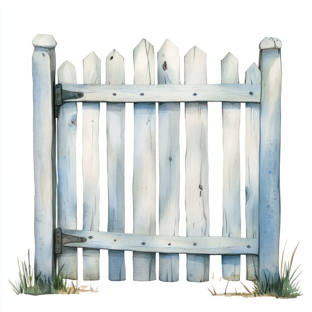 White wooden fence door illustration watercolor outdoors.