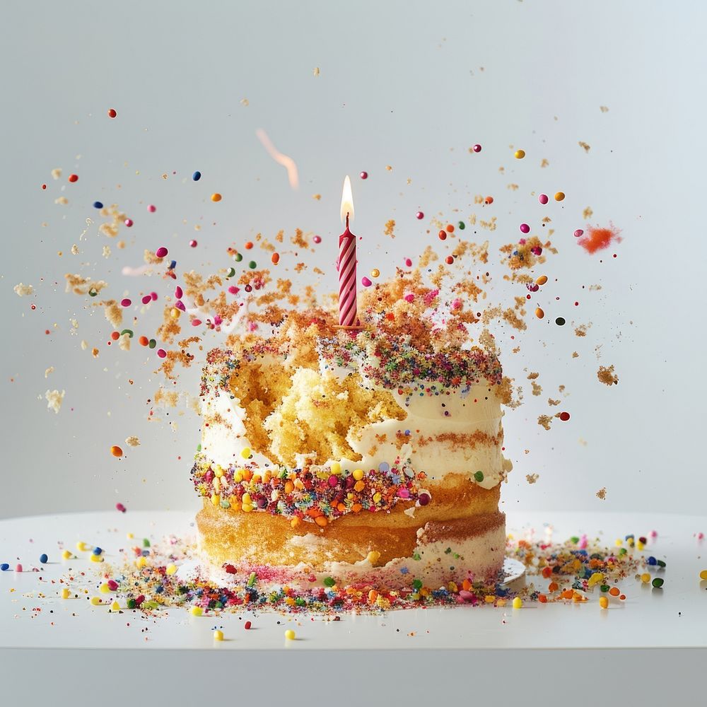 Exploding birthday cake sprinkles dessert candle.