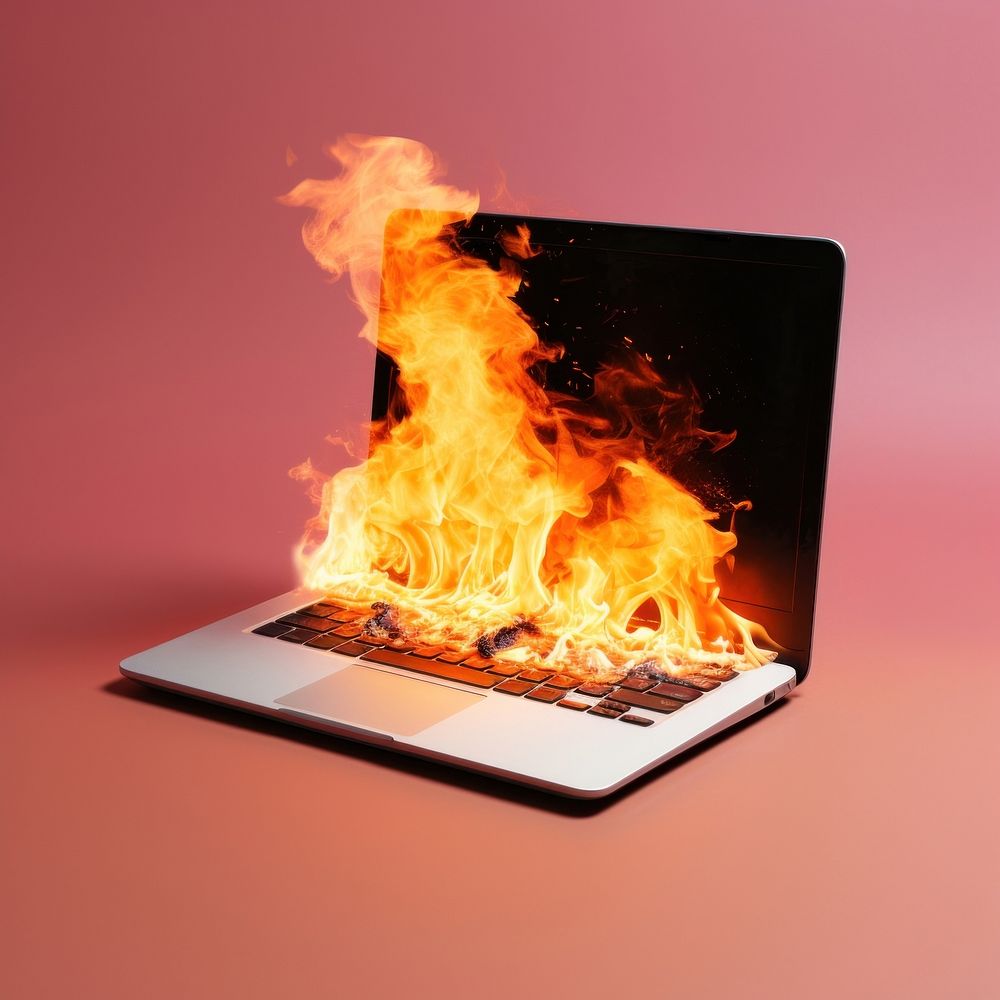 Burning laptop flames fire electronics.