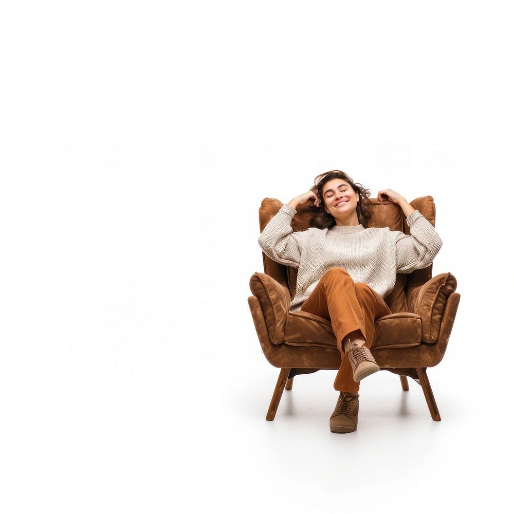 Happy woman sitting in armchairs furniture comfortable relaxation.