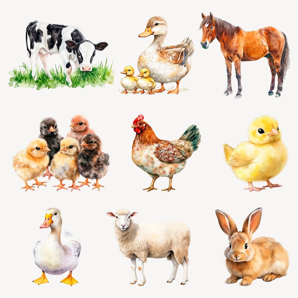 Cute farm animal illustrations design element psd set