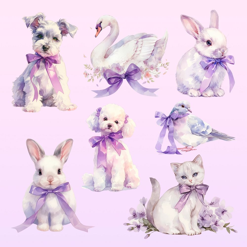 Adorable animals with purple bows design element set psd