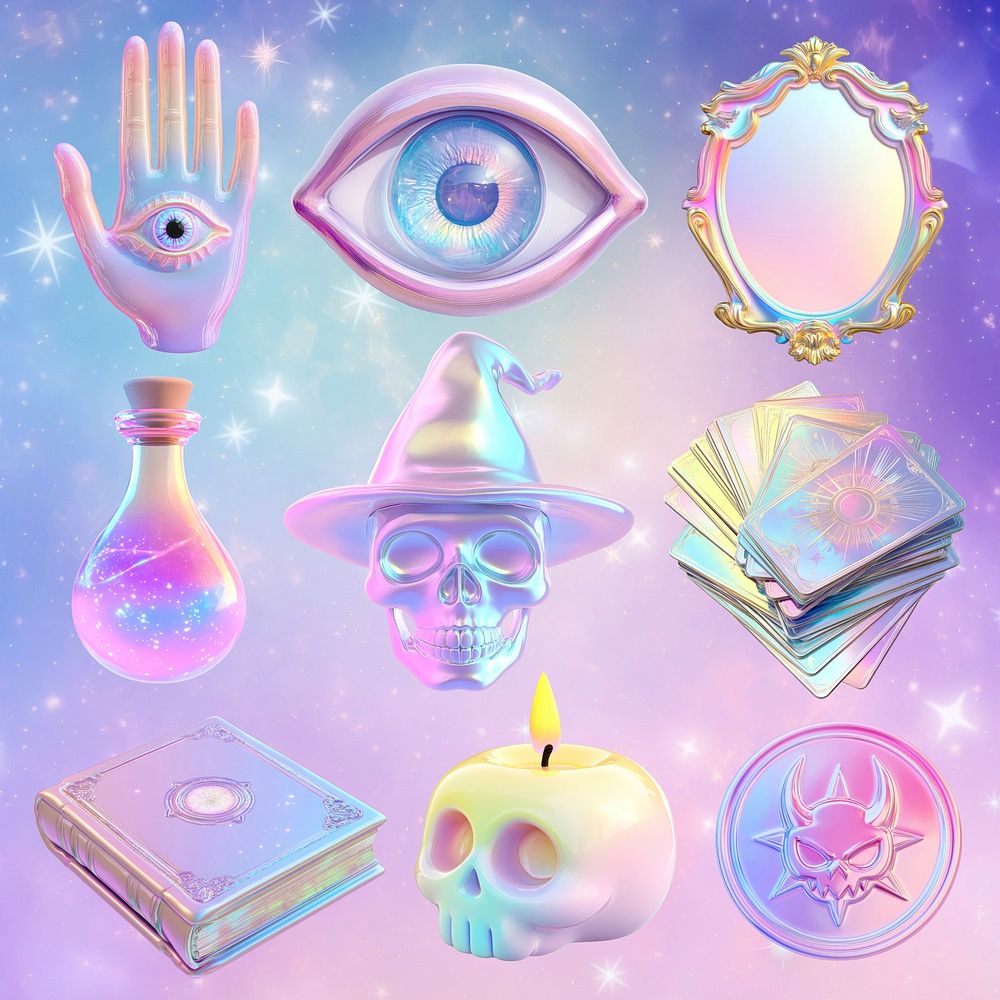 3D iridescent mystic witchcraft design element set