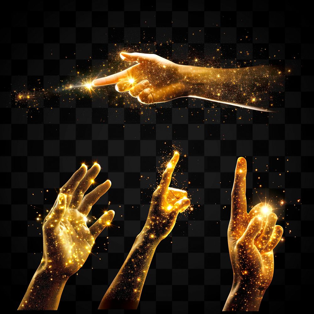 Golden sparkling hands pointing upward design element psd set