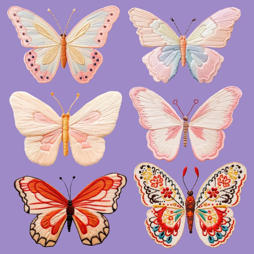 Colorful embroidered butterfly  design element psd set