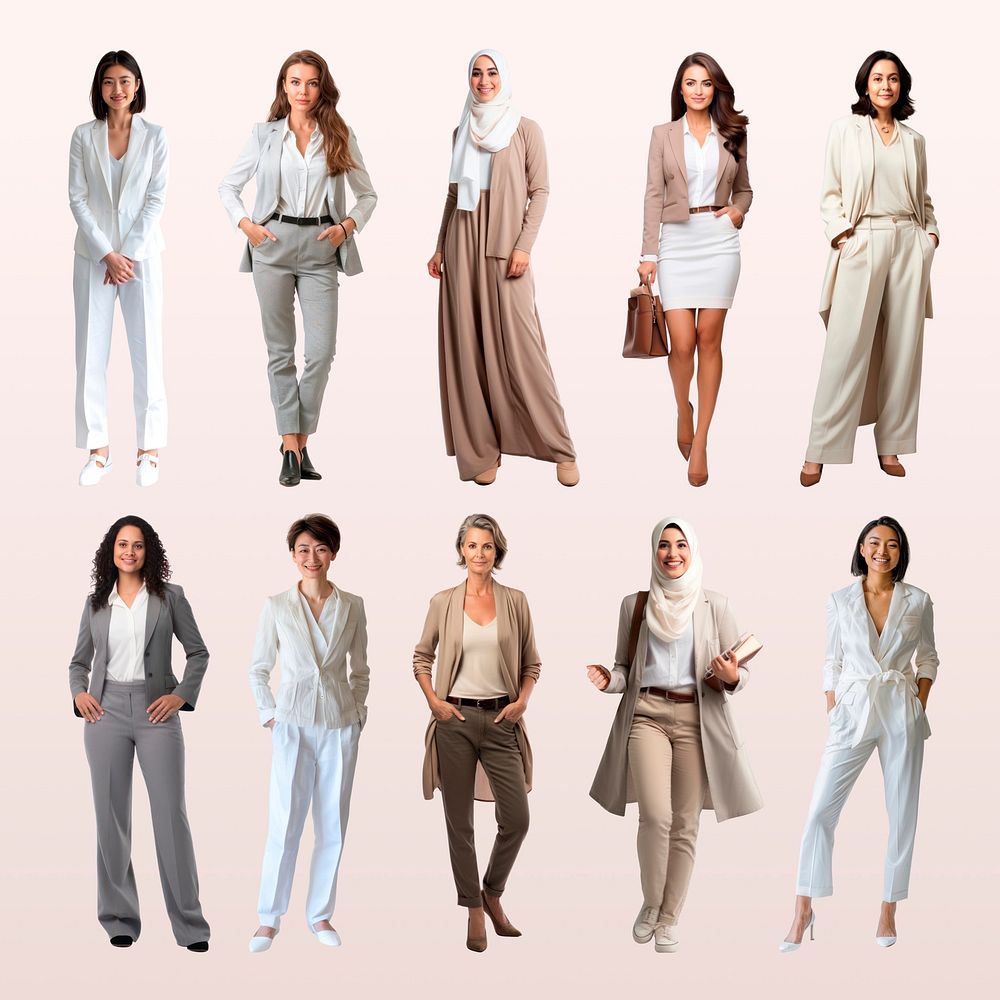 Diverse professional women fashion design element psd set