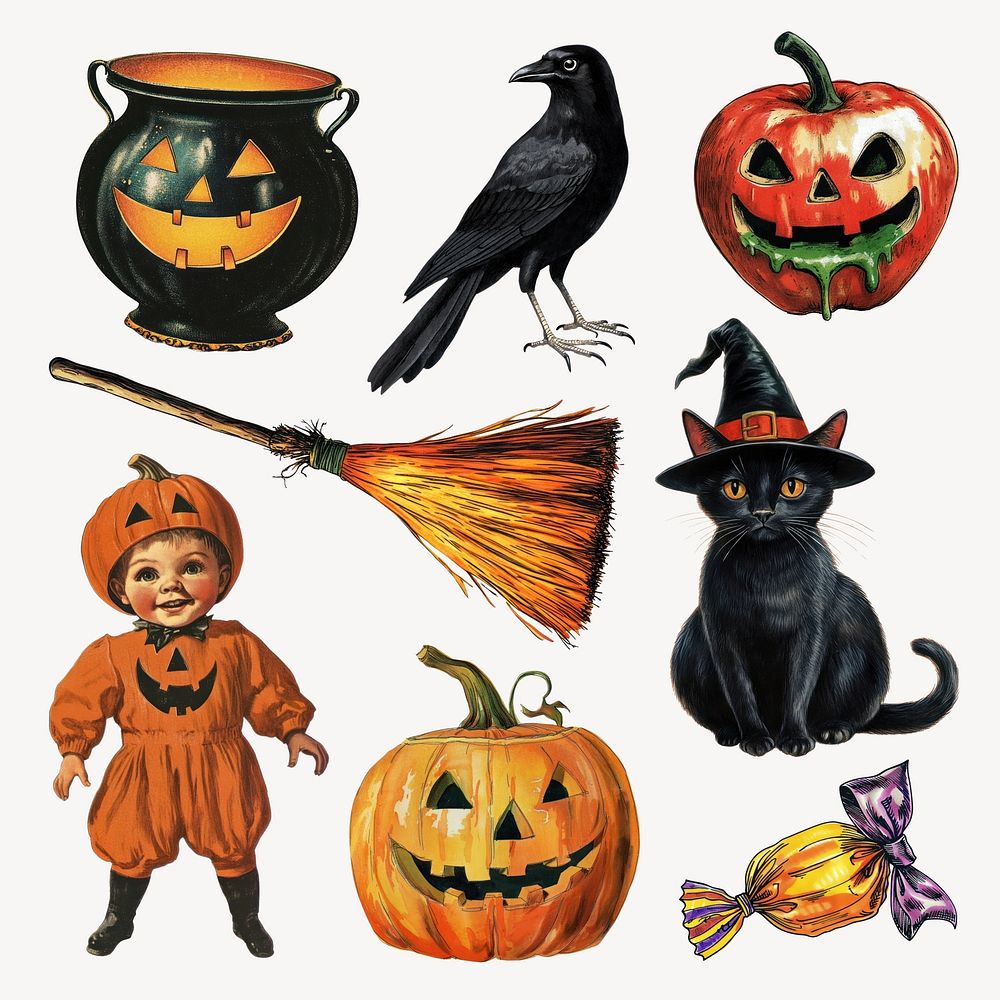 Halloween vintage illustration design element set