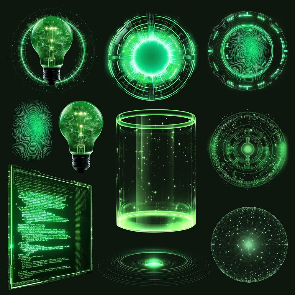 Futuristic green holo technology  design element psd set