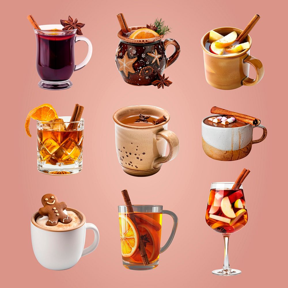 Festive hot drinks  design element set psd