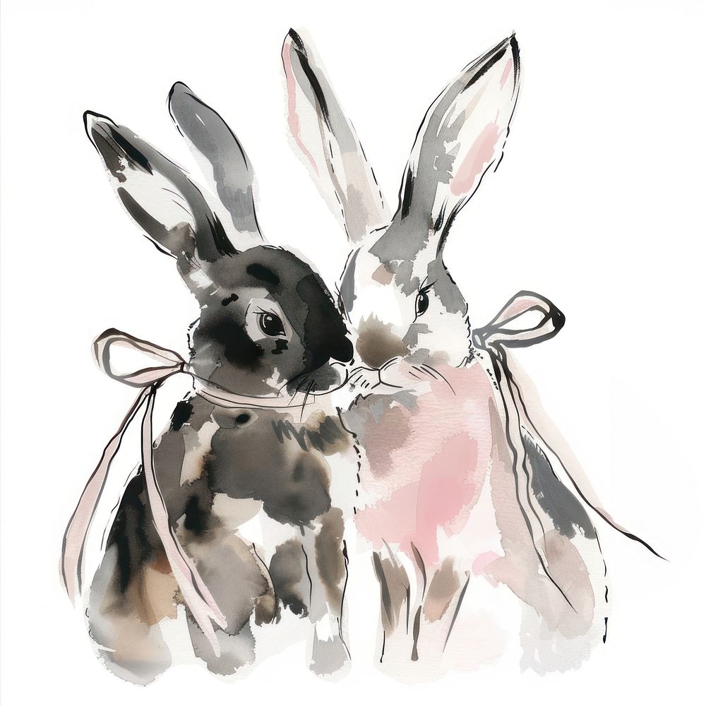 2 rabbits illustration ribbons animals. | Free Photo Illustration ...