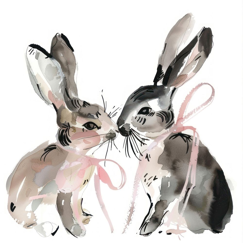 2 rabbits illustration bunnies ribbons. | Free Photo Illustration ...