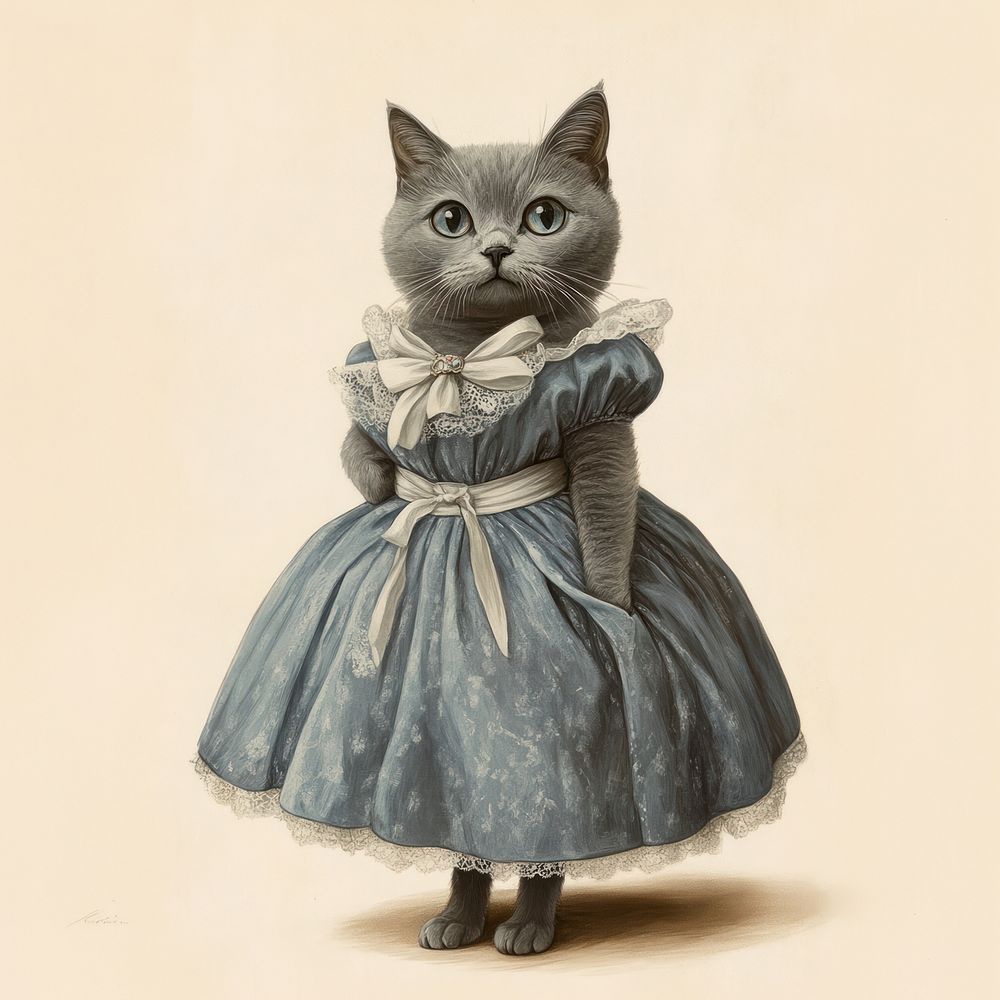 Russian Blue cat costumes wearing Fairy Tale Princess Dress dress illustration painting.