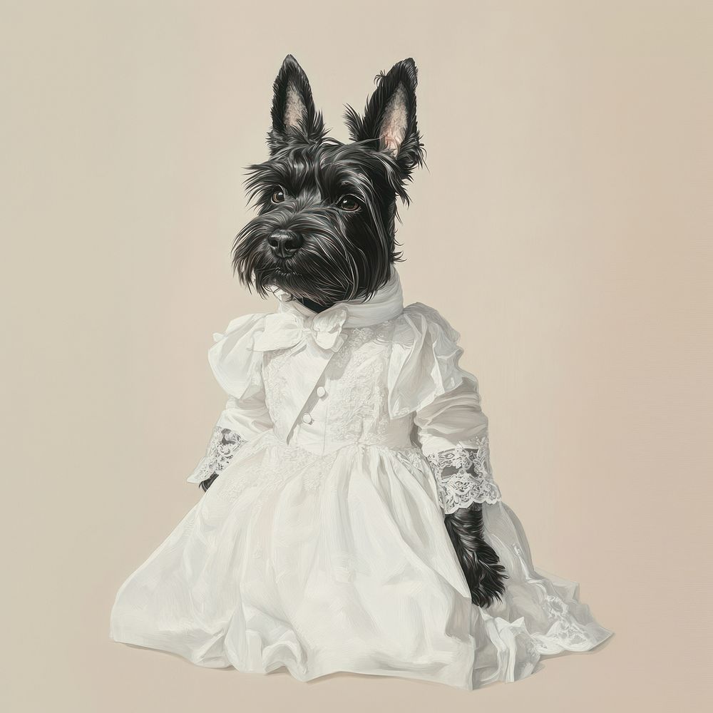 Scottish Terrier dog costumes wearing white wedding dress animal illustration clothing.