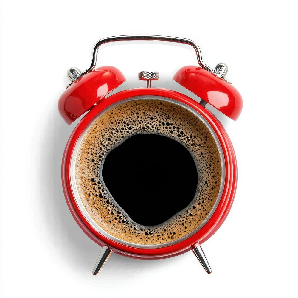 Real red alarm clock coffee beverage creative.