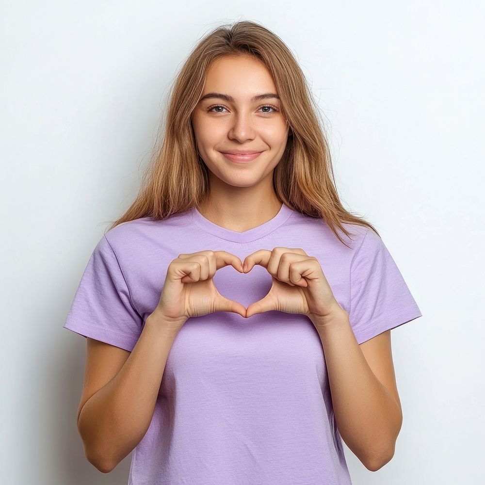 Woman making heart from fingers background white white background.