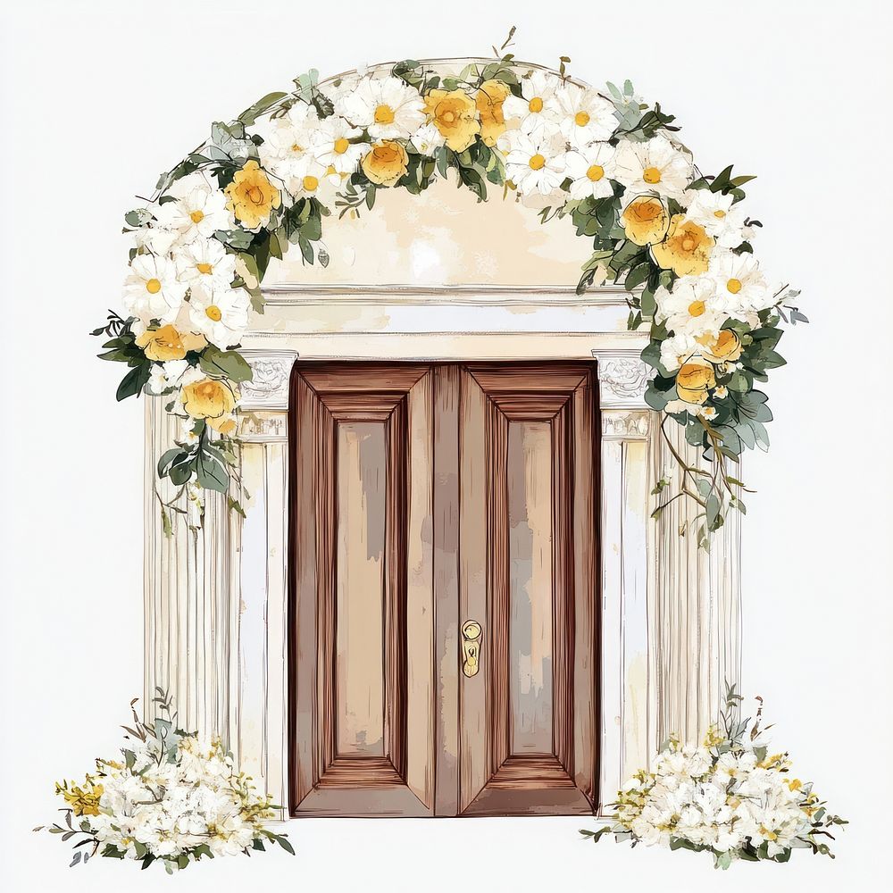 An ancient greek wedding door with white and yellow flowers architecture arched wreath.