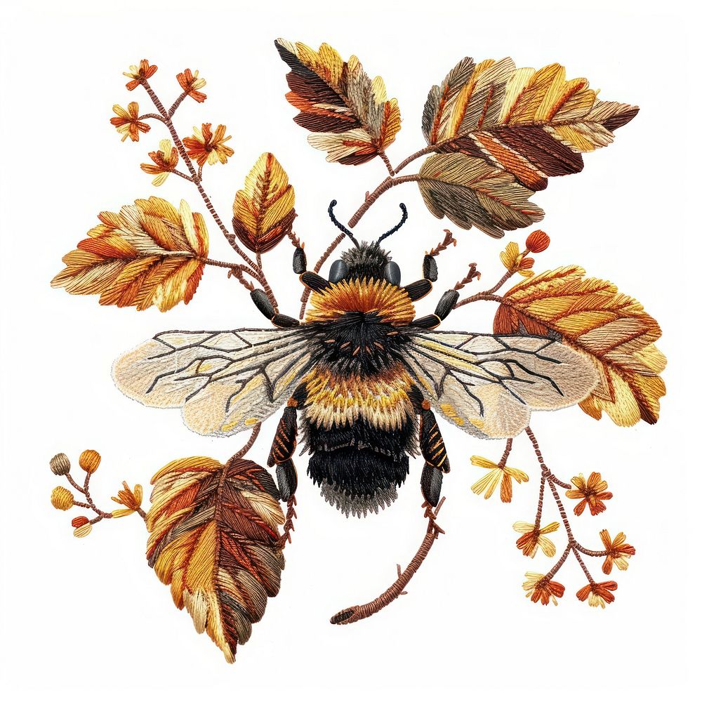 Autumn honey in embroidery style animal bee art.