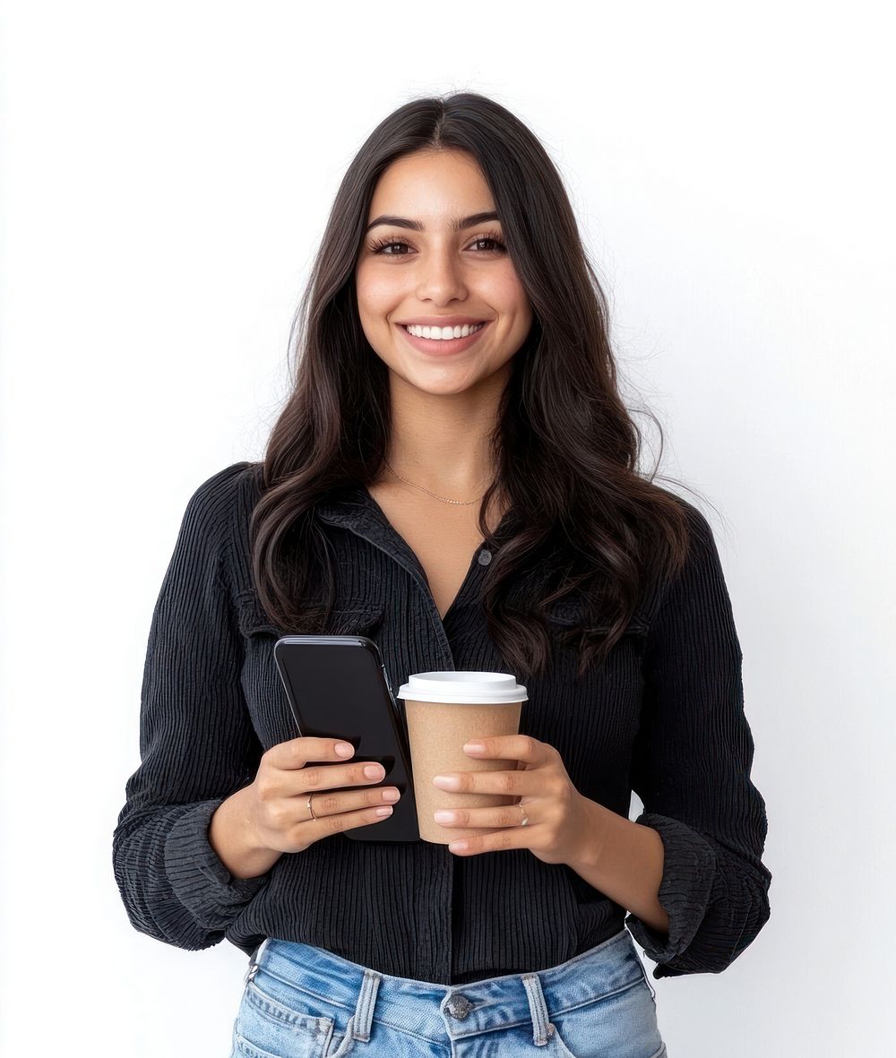 Woman holding mobile phone portrait cup photography.