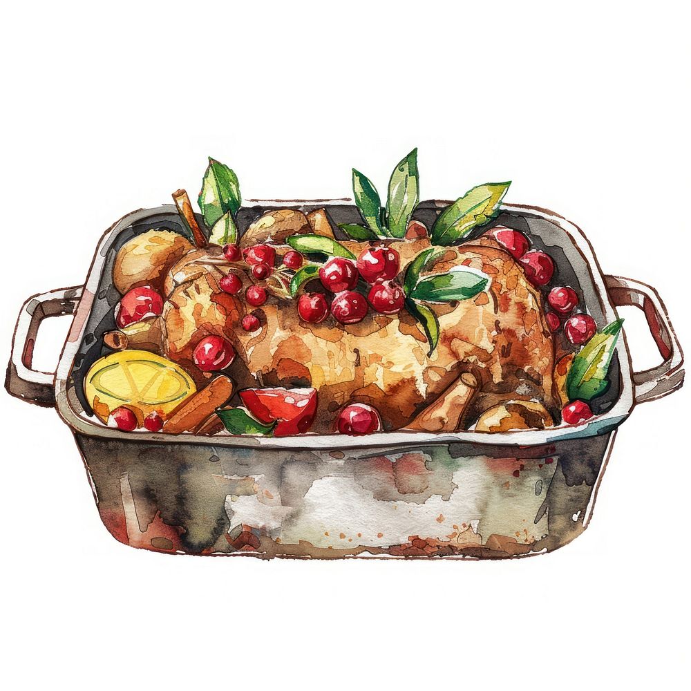 An isolated christmas stuffing dish on oven pan illustration watercolor background.