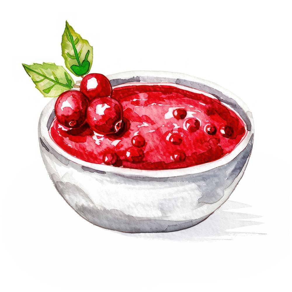 An isolated christmas cranberry sauce bowl illustration watercolor background.