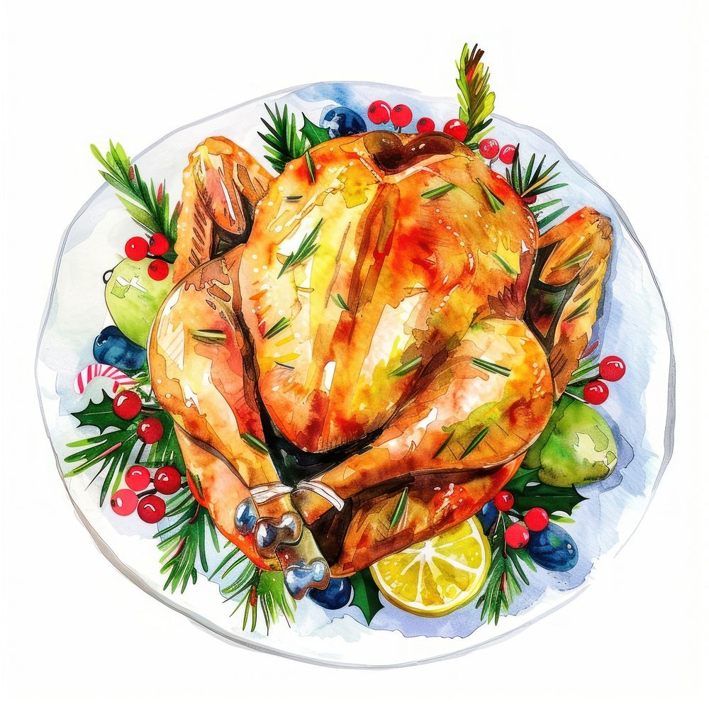 An isolated christmas turkey dish food illustration watercolor.