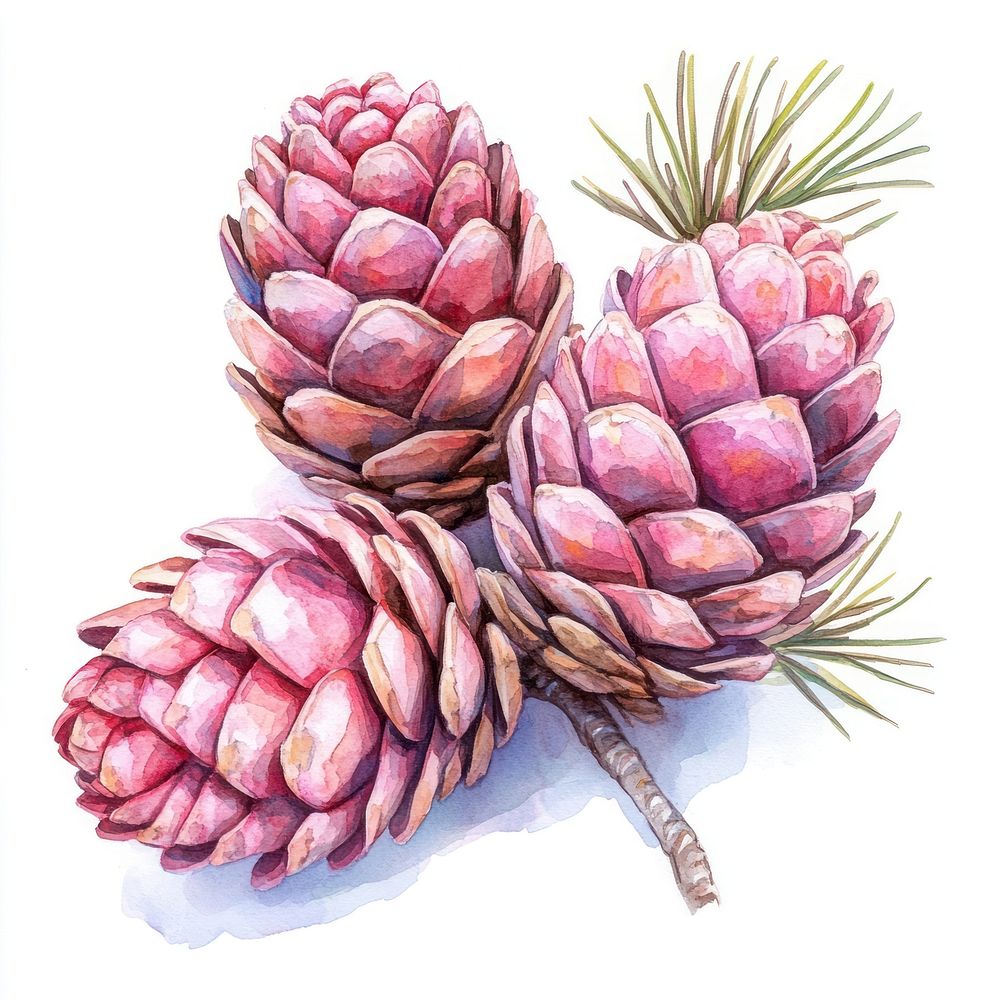 Pink Pinecones illustration watercolor pine.