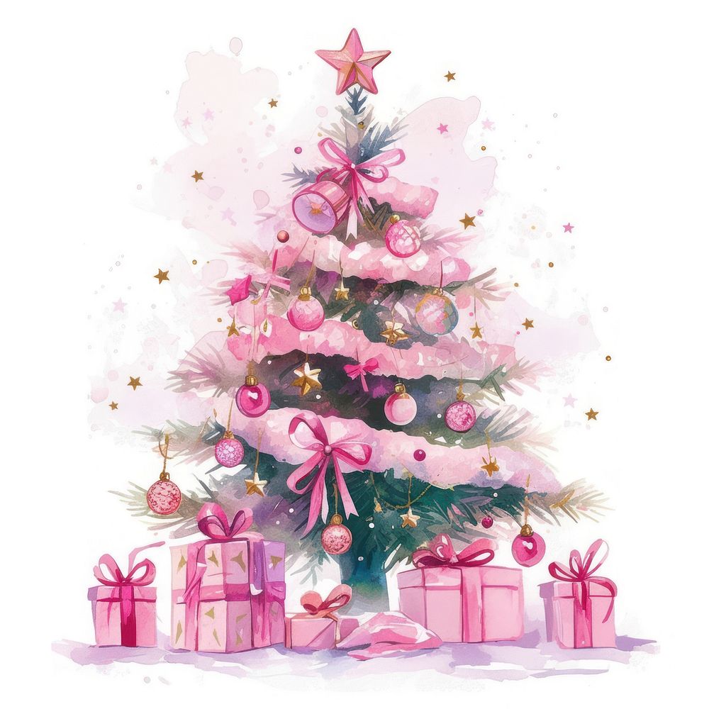 Christmas pink tree and gift box christmas illustration watercolor.